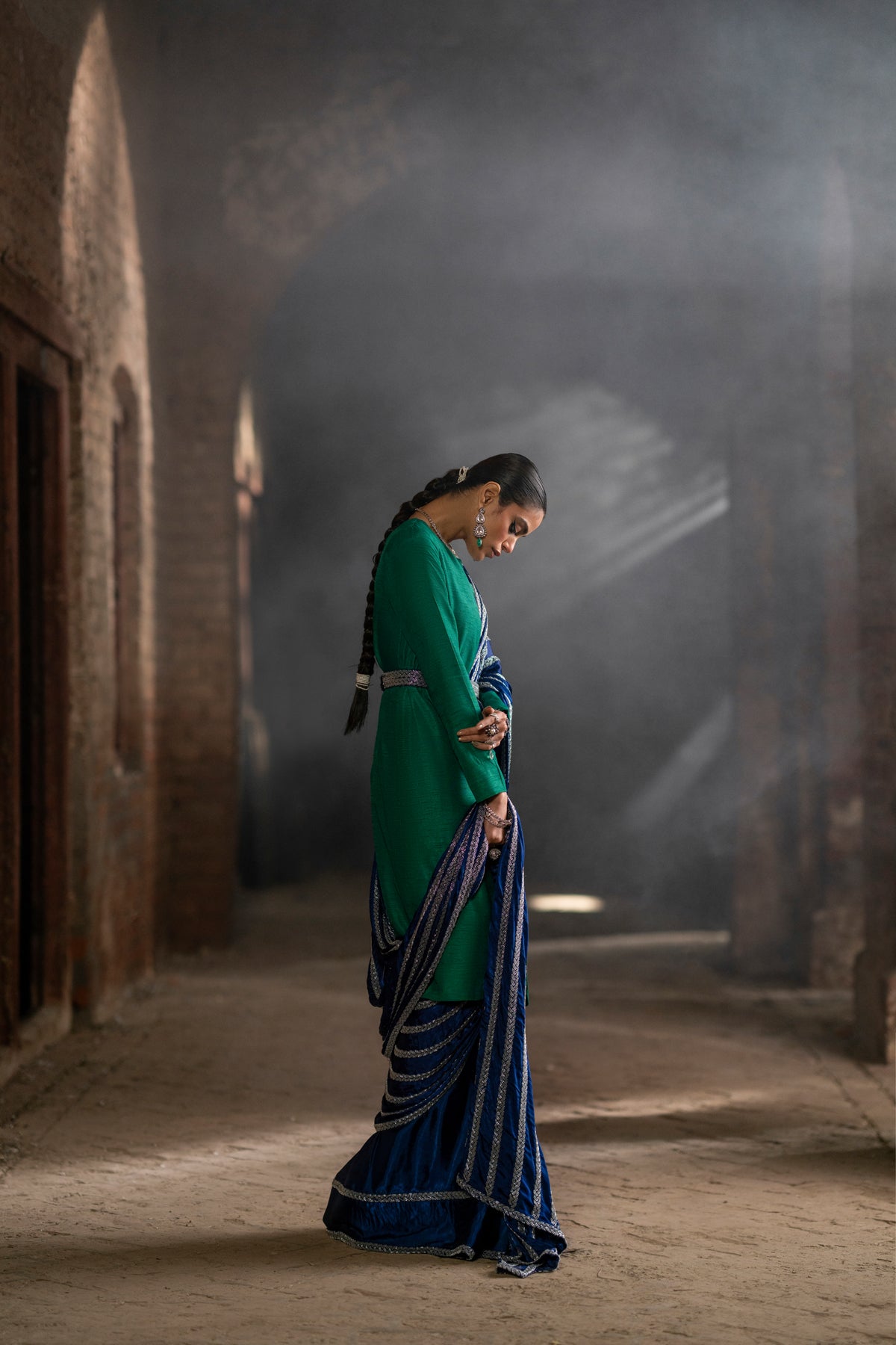 Emerald & Sapphire Embroidered Silk Saree (3-Piece) - Image 8