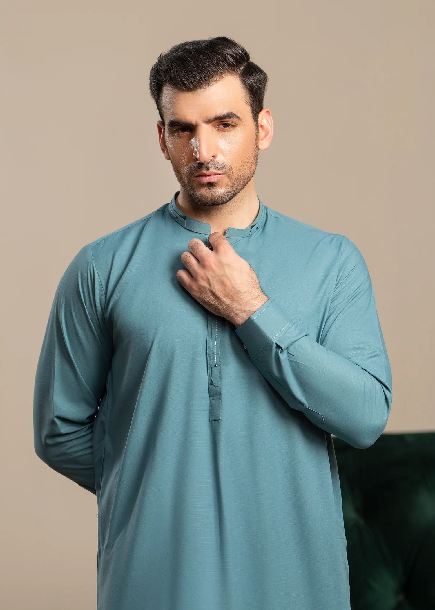 Turkish Blue Wash & Wear Shalwar Kameez (2-Piece) - Image 3