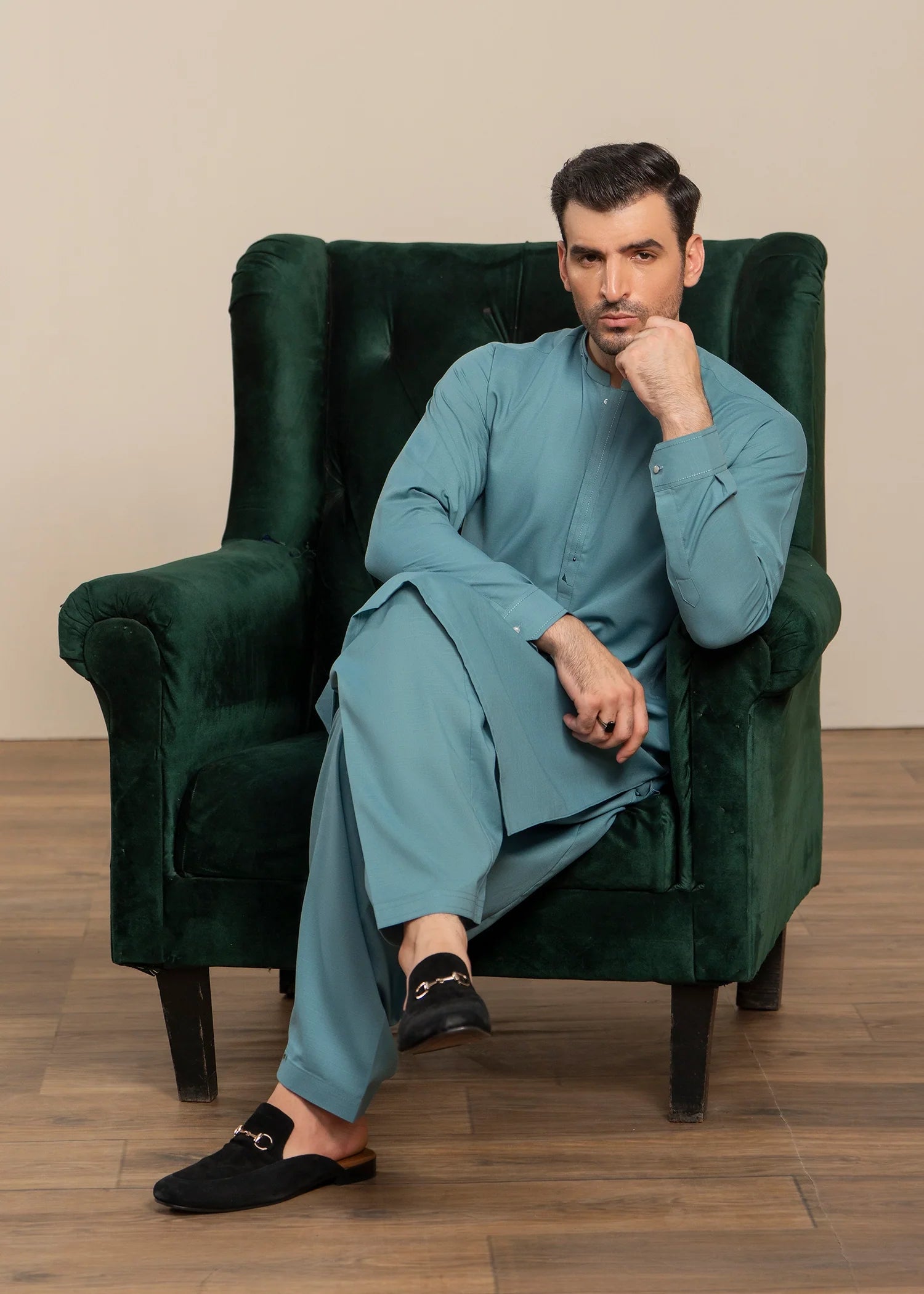 Turkish Blue Wash & Wear Shalwar Kameez (2-Piece) - Image 4