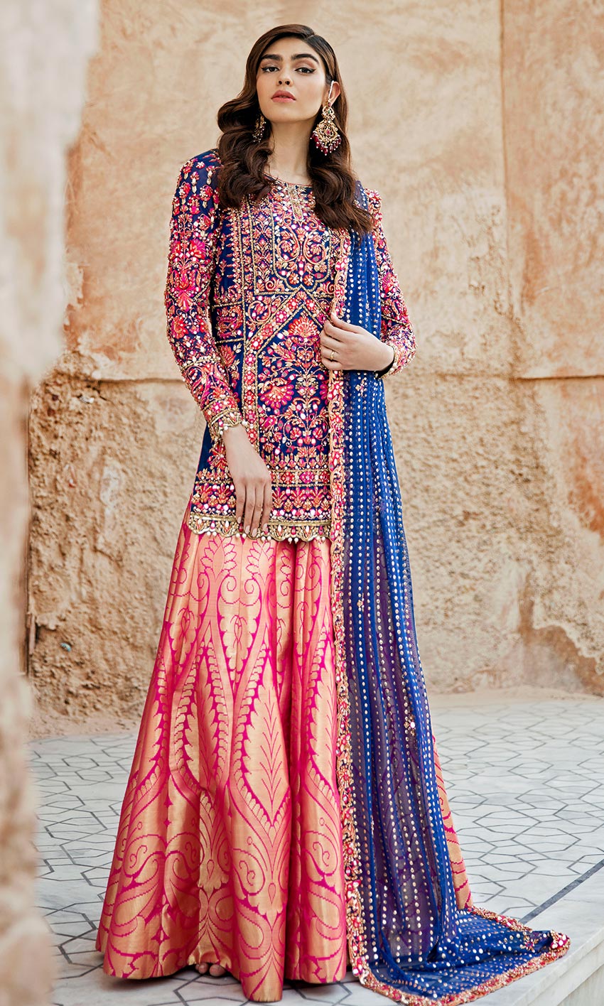 Royal Blue Embroidered Brocade Sharara (3-Piece) - Image 1