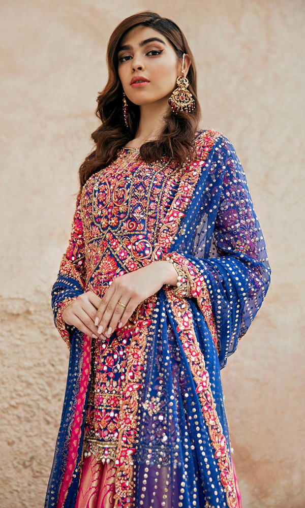 Royal Blue Embroidered Brocade Sharara (3-Piece) - Image 3