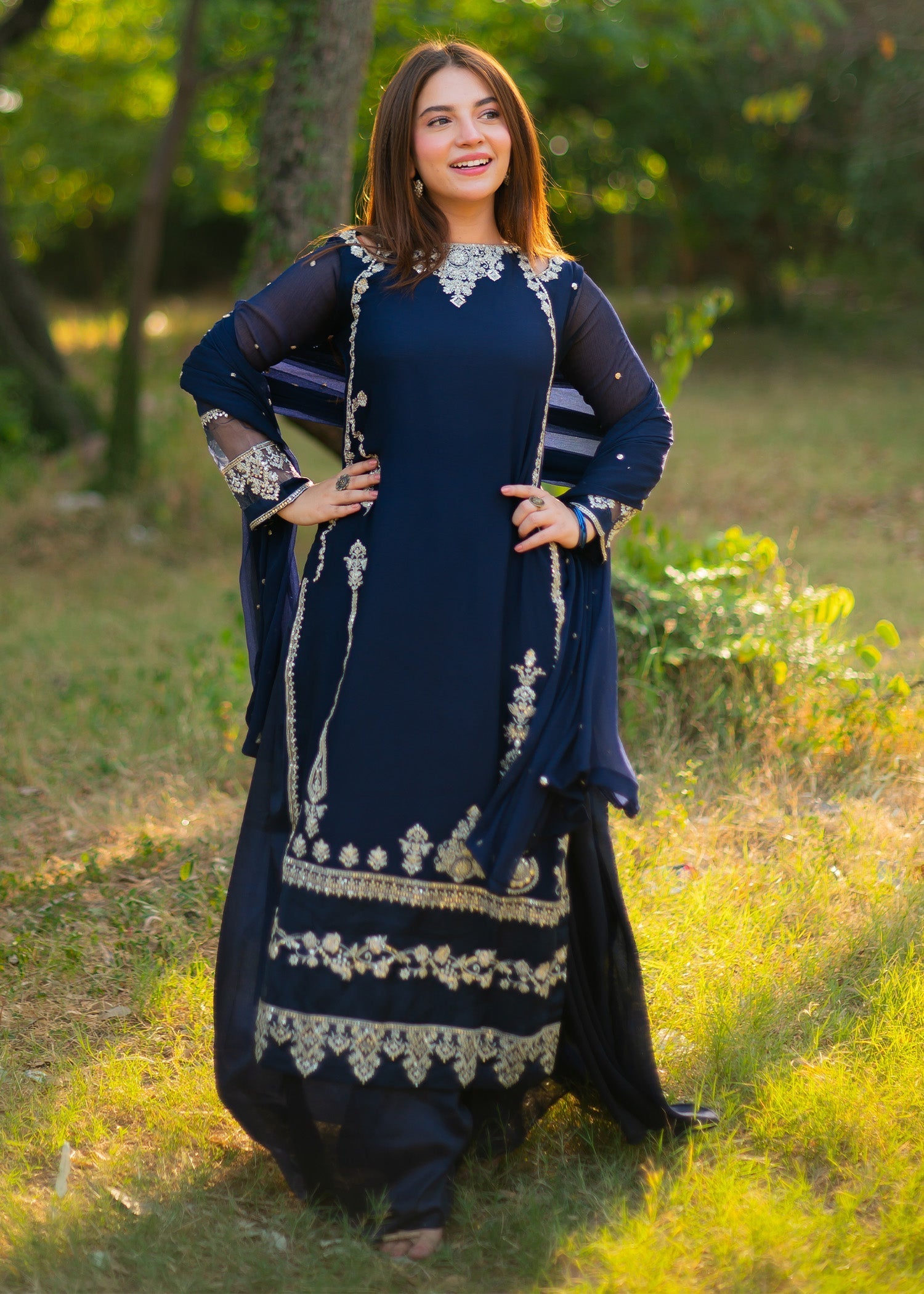 Deep Blue Sequin Embroidered Chiffon Sharara (3-Piece) - Image 1