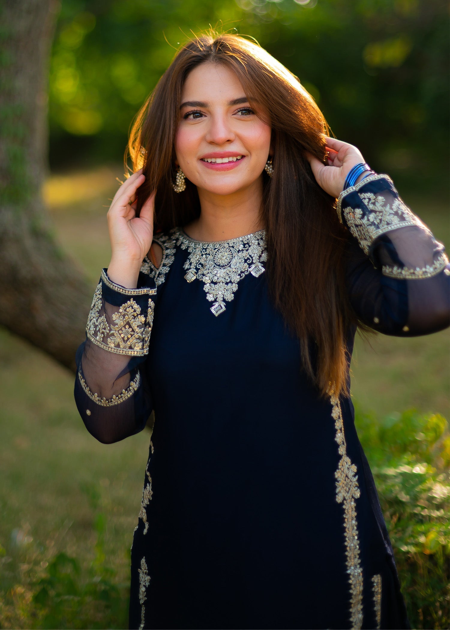 Deep Blue Sequin Embroidered Chiffon Sharara (3-Piece) - Image 2