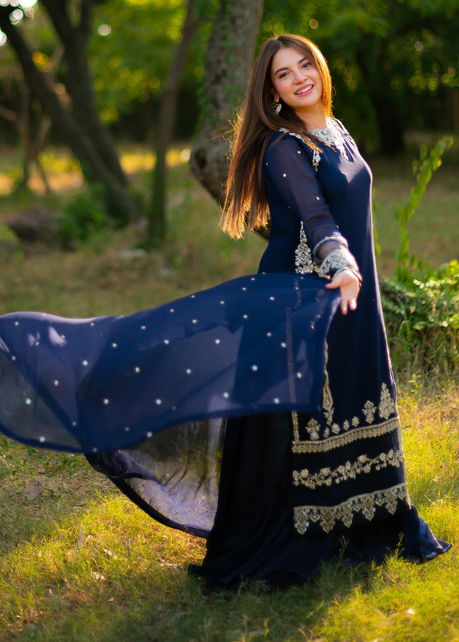 Deep Blue Sequin Embroidered Chiffon Sharara (3-Piece) - Image 3