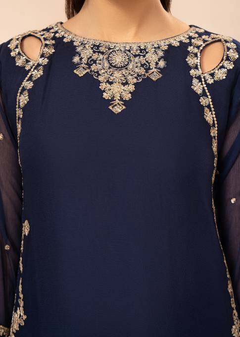 Deep Blue Sequin Embroidered Chiffon Sharara (3-Piece) - Image 5