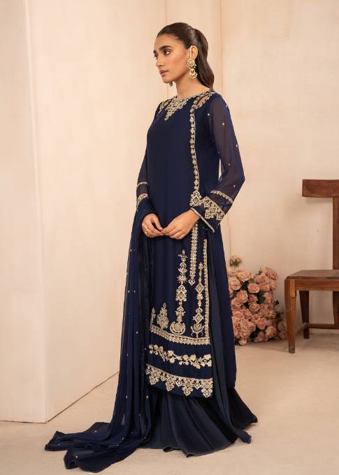 Deep Blue Sequin Embroidered Chiffon Sharara (3-Piece) - Image 6