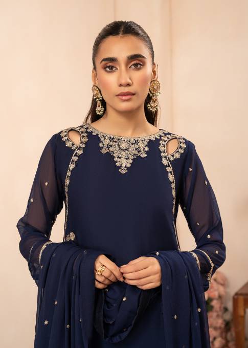 Deep Blue Sequin Embroidered Chiffon Sharara (3-Piece) - Image 7
