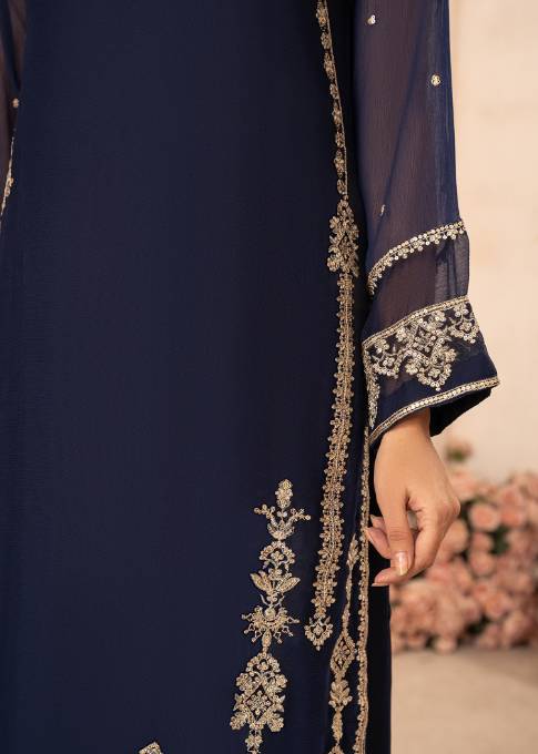 Deep Blue Sequin Embroidered Chiffon Sharara (3-Piece) - Image 8