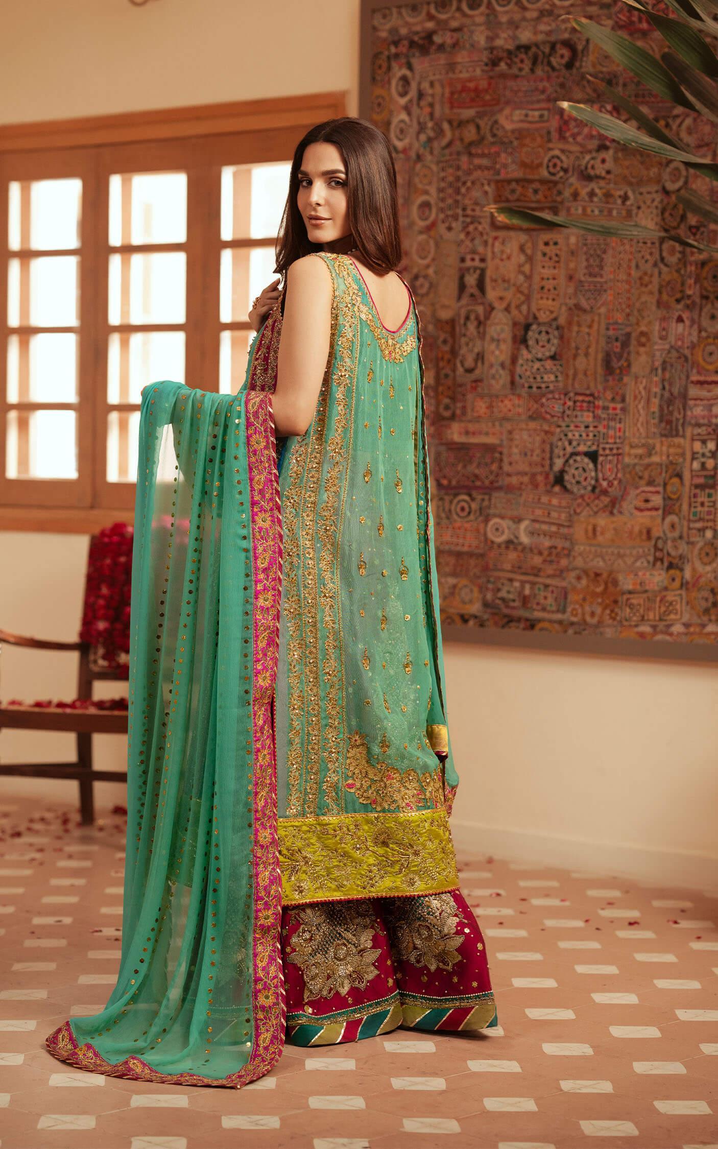 Aquamarine Embroidered Cotton Net Sharara (3-Piece) - Image 3