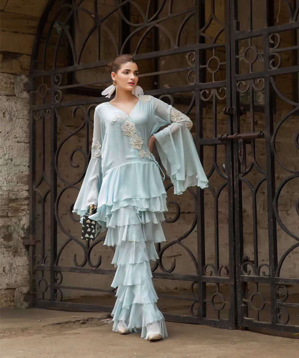 Pakistani Powder Blue Lace Appliqué Georgette Sharara (2-Piece) - Image 1