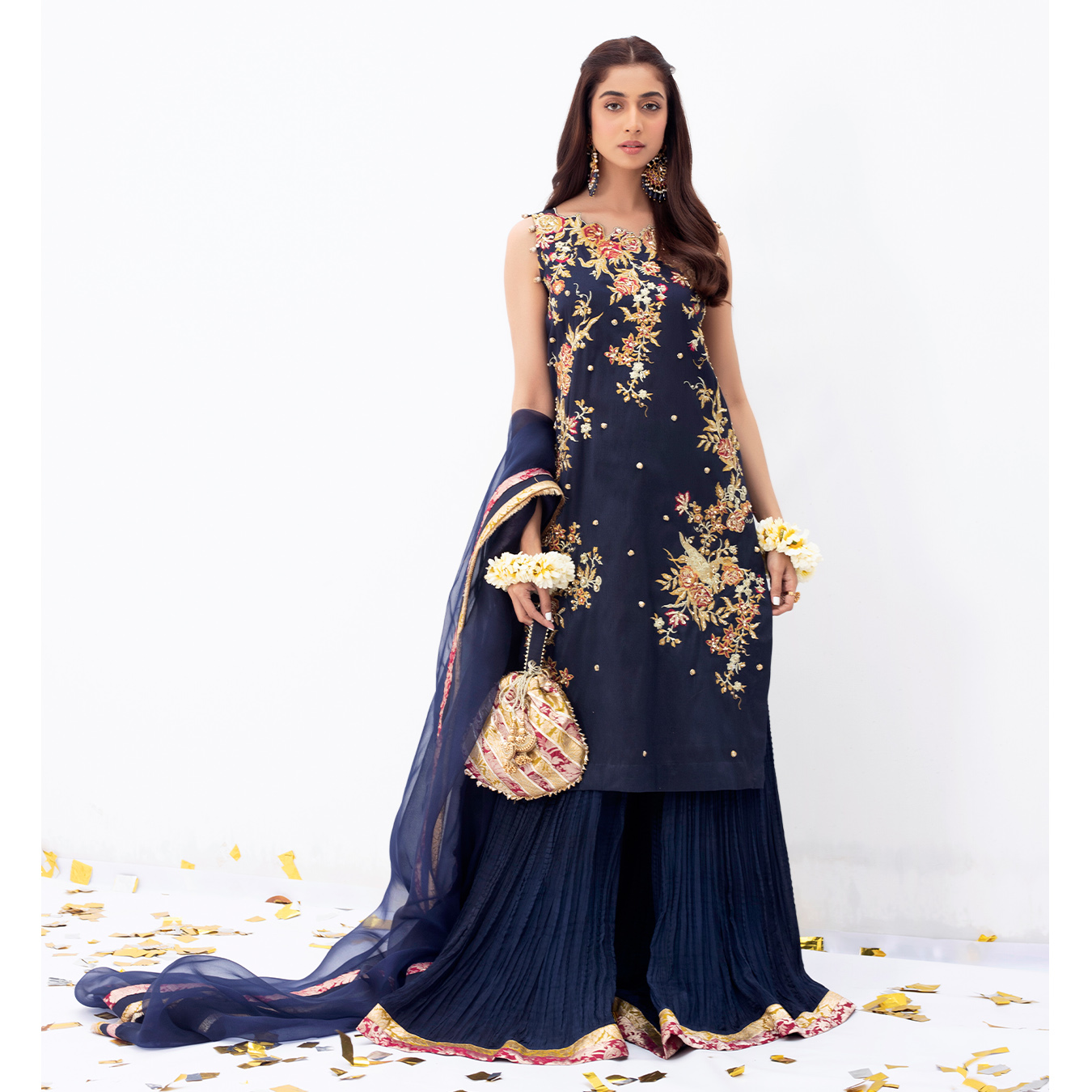 Pakistani Midnight Blue Embroidered Raw Silk Sharara (3-Piece) - Image 1