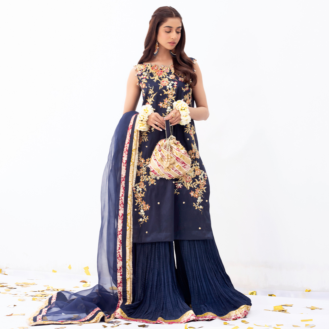 Pakistani Midnight Blue Embroidered Raw Silk Sharara (3-Piece) - Image 3
