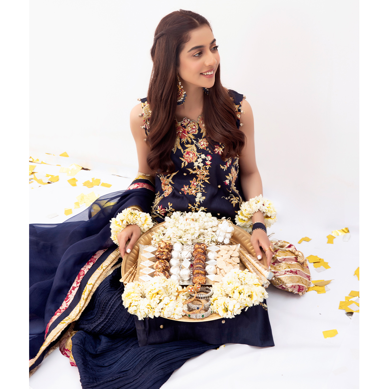 Pakistani Midnight Blue Embroidered Raw Silk Sharara (3-Piece) - Image 4