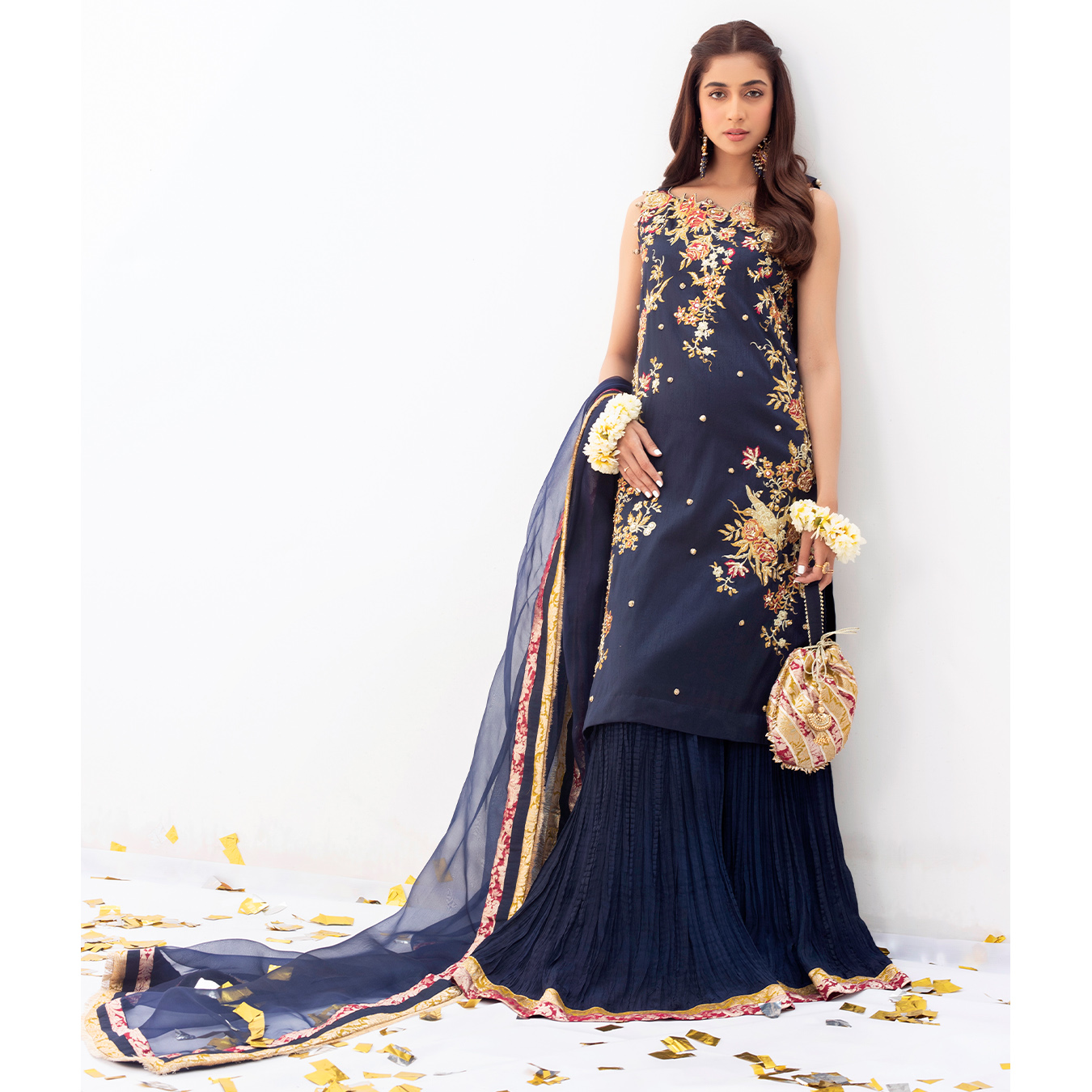 Pakistani Midnight Blue Embroidered Raw Silk Sharara (3-Piece) - Image 5