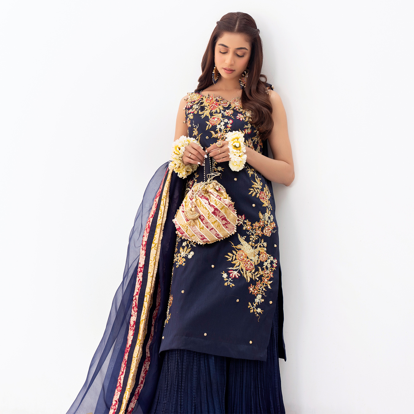 Pakistani Midnight Blue Embroidered Raw Silk Sharara (3-Piece) - Image 7