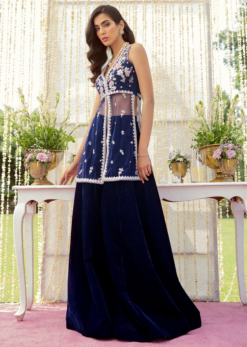 Royal Blue Embroidered Net Jacket with Velvet Sharara (2-Piece) - Image 1