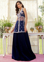 Royal Blue Embroidered Net Jacket with Velvet Sharara (2-Piece) - Image 2