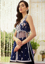 Royal Blue Embroidered Net Jacket with Velvet Sharara (2-Piece) - Image 3