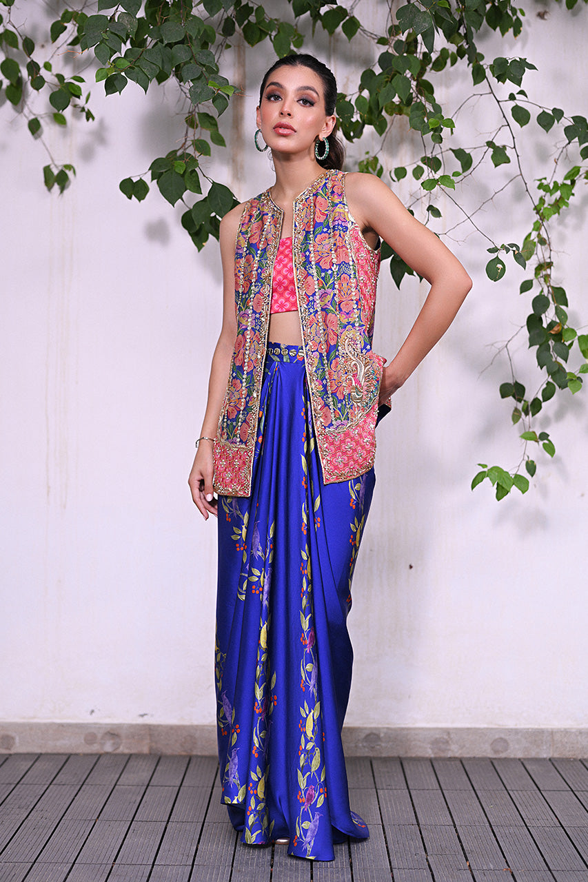 Cobalt Blue Gota Embroidered Charmeuse Skirt & Jacket (3-Piece) - Image 1
