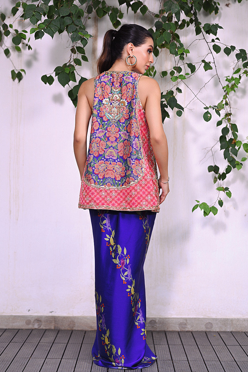 Cobalt Blue Gota Embroidered Charmeuse Skirt & Jacket (3-Piece) - Image 2