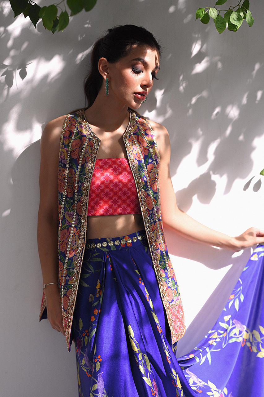 Cobalt Blue Gota Embroidered Charmeuse Skirt & Jacket (3-Piece) - Image 3