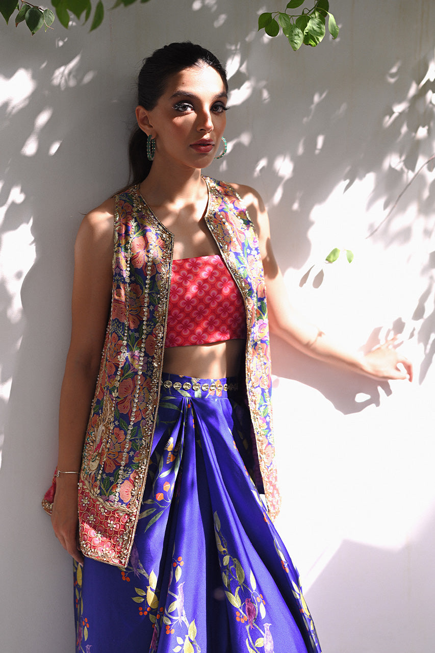 Cobalt Blue Gota Embroidered Charmeuse Skirt & Jacket (3-Piece) - Image 4