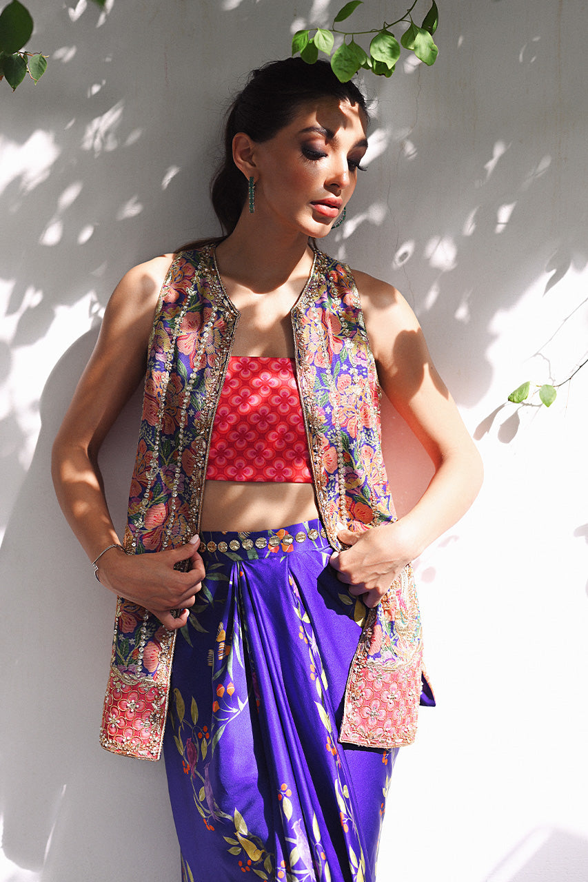 Cobalt Blue Gota Embroidered Charmeuse Skirt & Jacket (3-Piece) - Image 5