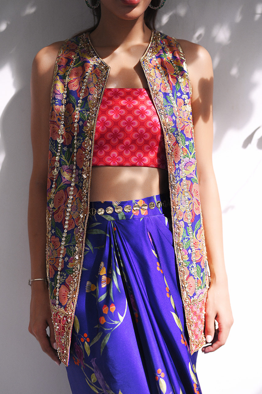 Cobalt Blue Gota Embroidered Charmeuse Skirt & Jacket (3-Piece) - Image 6