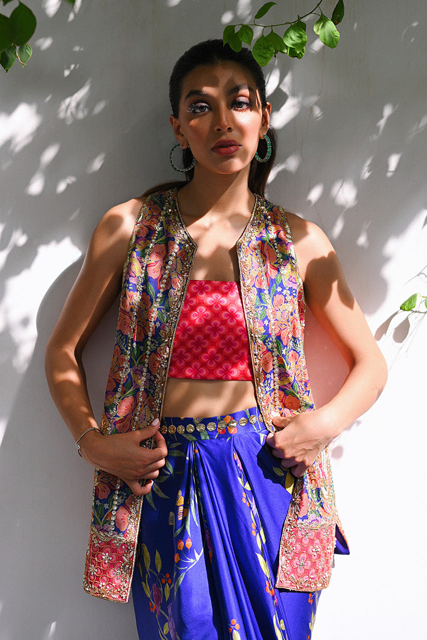 Cobalt Blue Gota Embroidered Charmeuse Skirt & Jacket (3-Piece) - Image 7