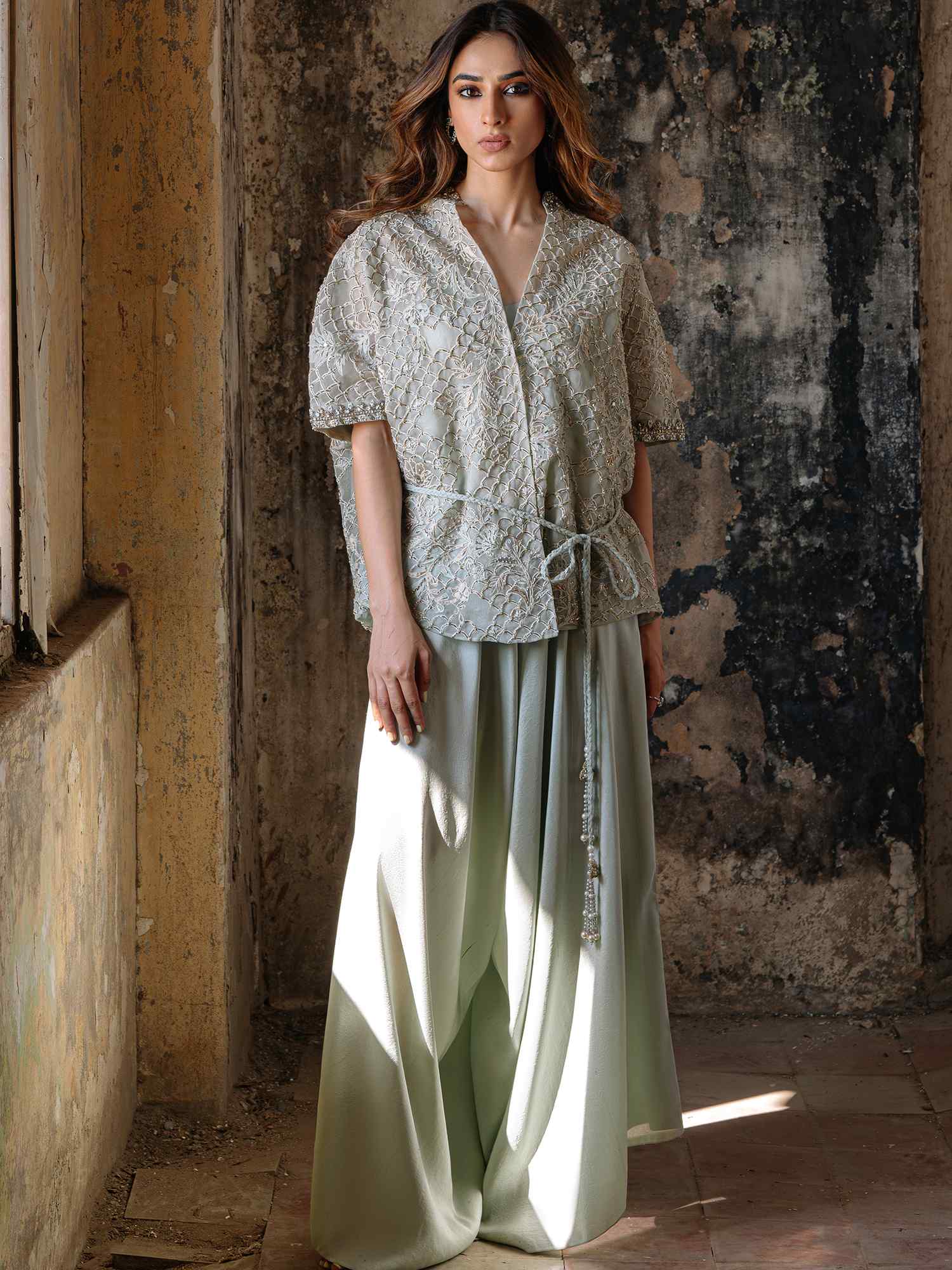 Aqua Embroidered Organza Wrap with Satin Silk Pants (2-Piece) - Image 1