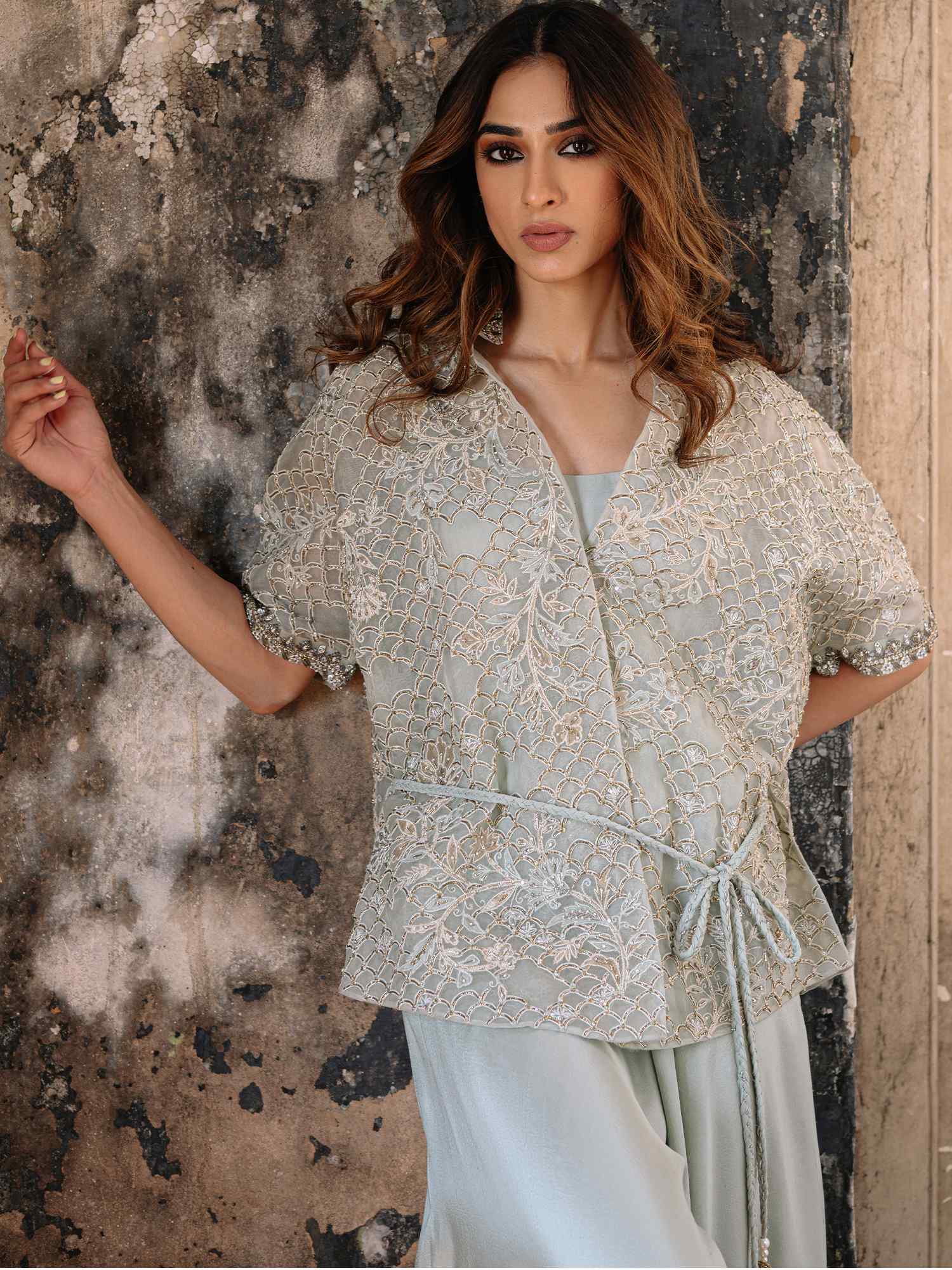 Aqua Embroidered Organza Wrap with Satin Silk Pants (2-Piece) - Image 2