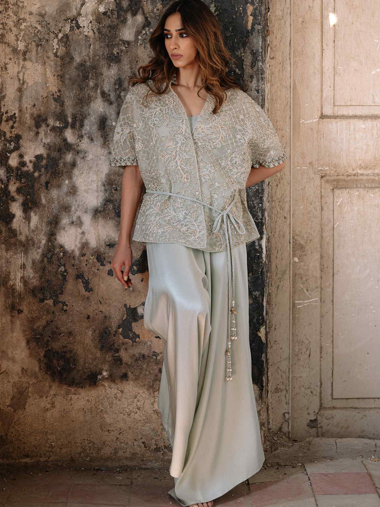 Aqua Embroidered Organza Wrap with Satin Silk Pants (2-Piece) - Image 3