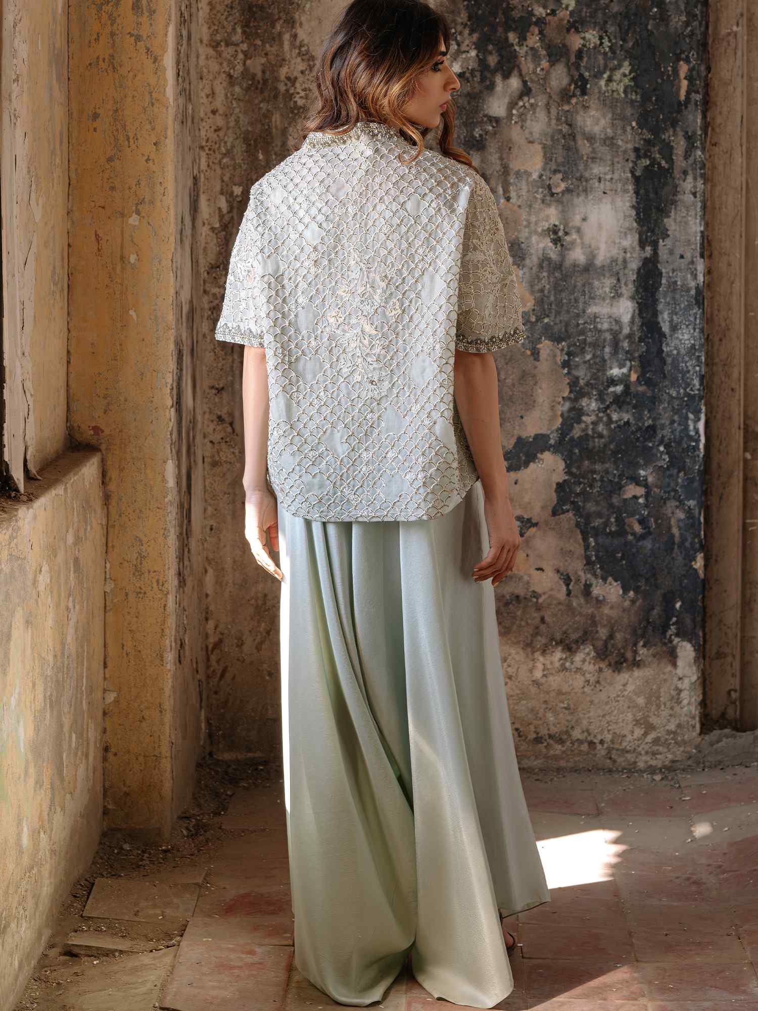 Aqua Embroidered Organza Wrap with Satin Silk Pants (2-Piece) - Image 4