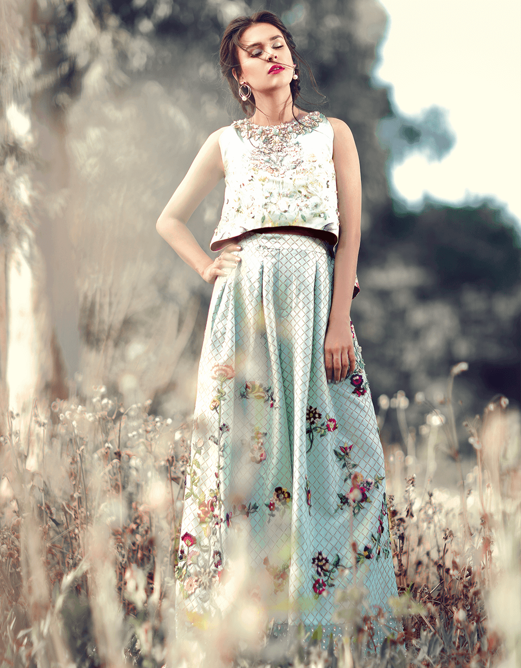 Sky Blue Printed Hand-Embellished Raw Silk 2-Piece - Image 1