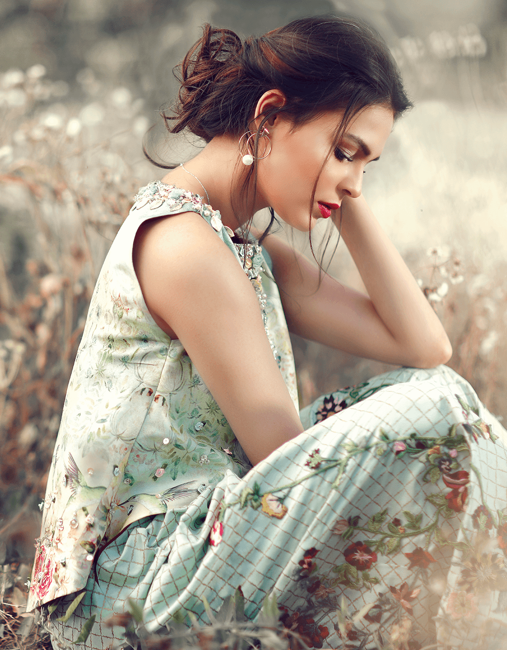 Sky Blue Printed Hand-Embellished Raw Silk 2-Piece - Image 2