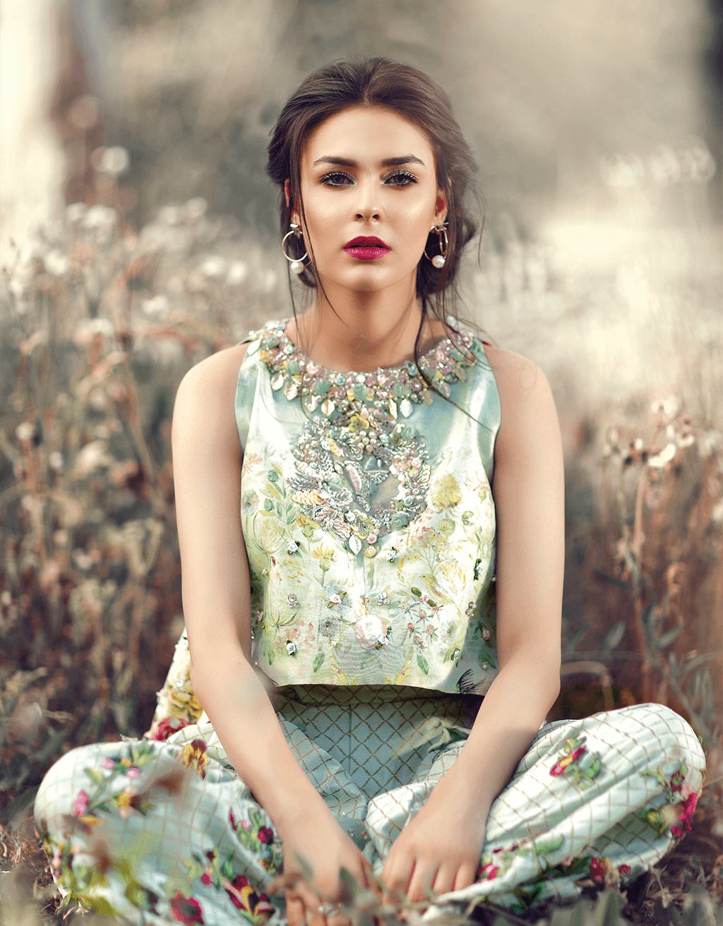 Sky Blue Printed Hand-Embellished Raw Silk 2-Piece - Image 3