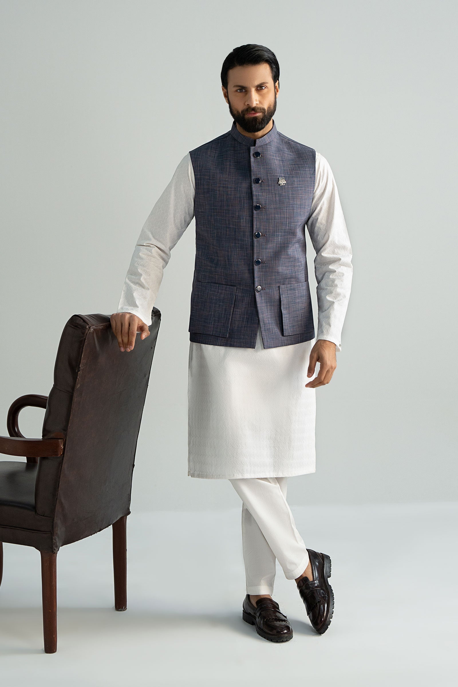 Indigo Blended Fabric Waistcoat (2-Piece) - Image 1
