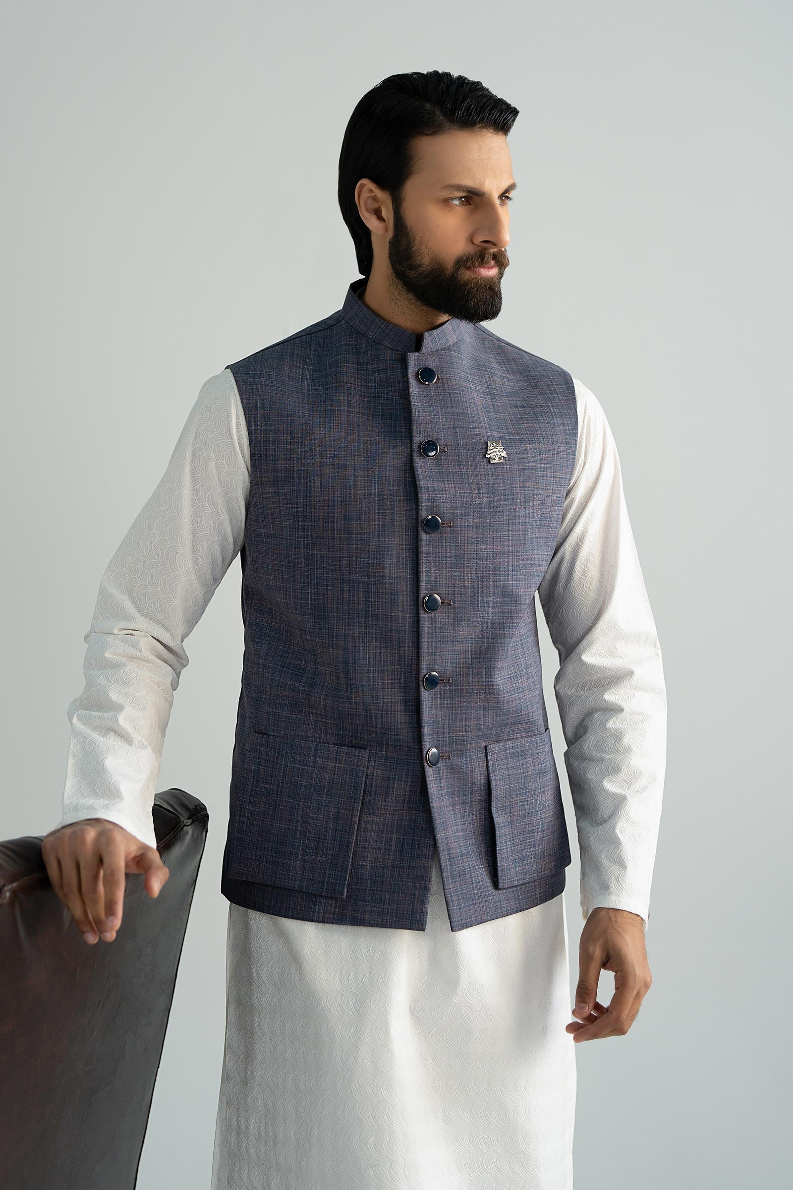 Indigo Blended Fabric Waistcoat (2-Piece) - Image 2