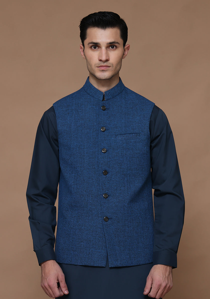 Baleine Blue Jute Blend Waistcoat (1-Pc) - Image 1
