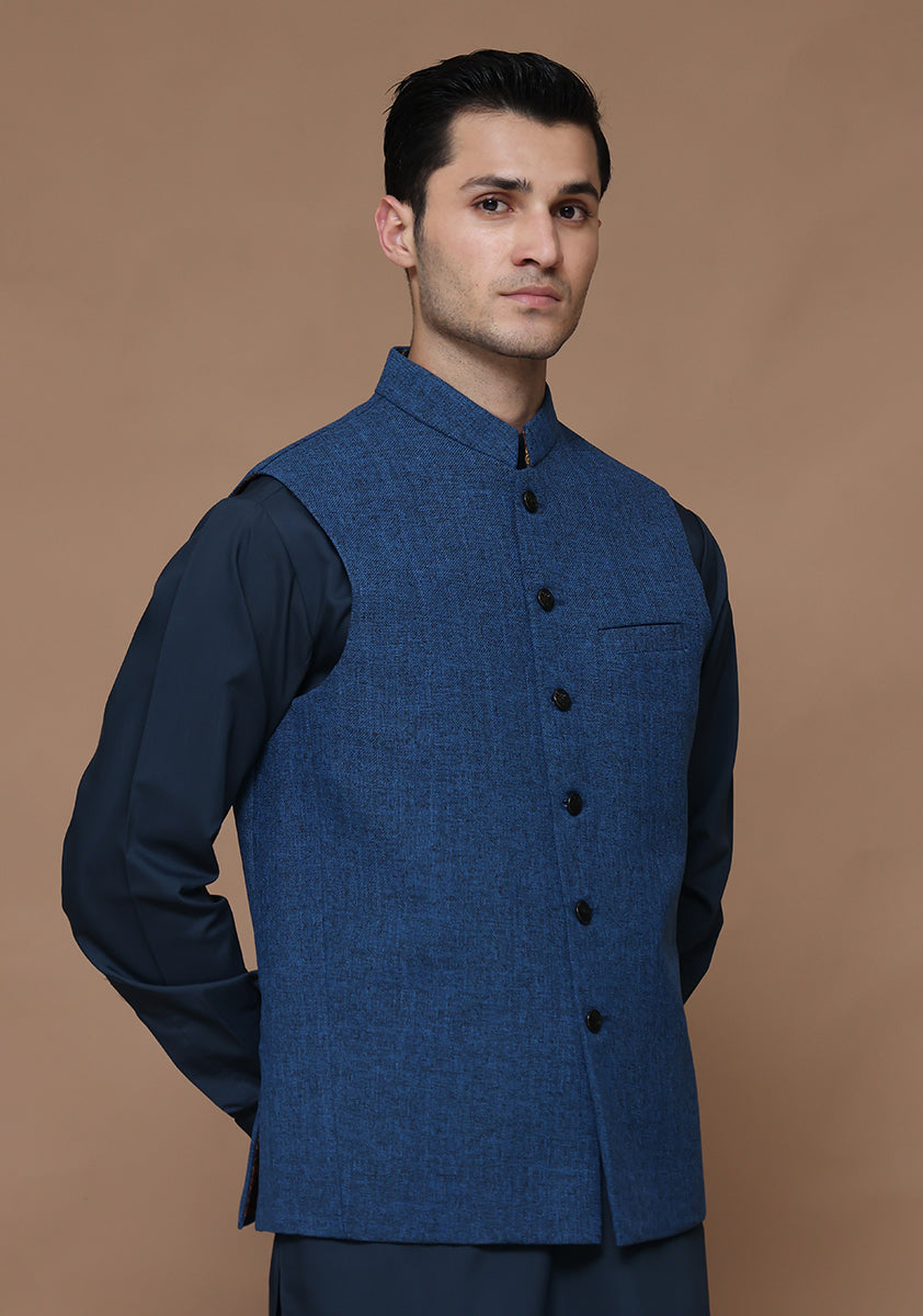 Baleine Blue Jute Blend Waistcoat (1-Pc) - Image 3