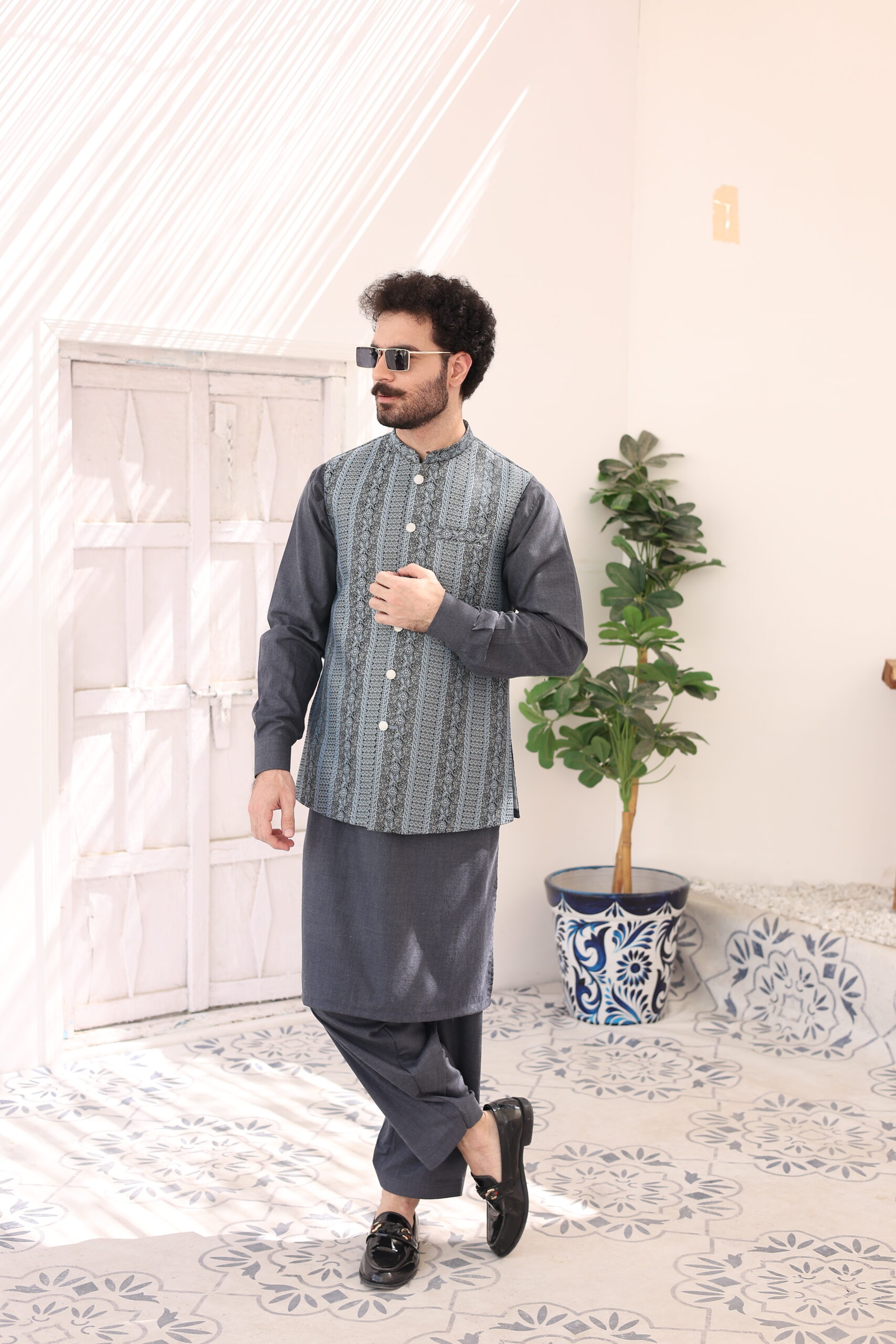 Blue Woven Atlas Waistcoat Kurta Set (3-Piece) - Image 1