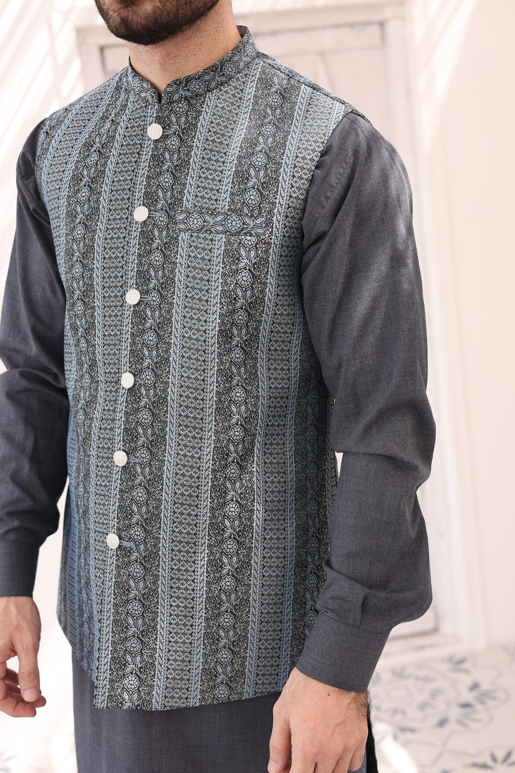 Blue Woven Atlas Waistcoat Kurta Set (3-Piece) - Image 2