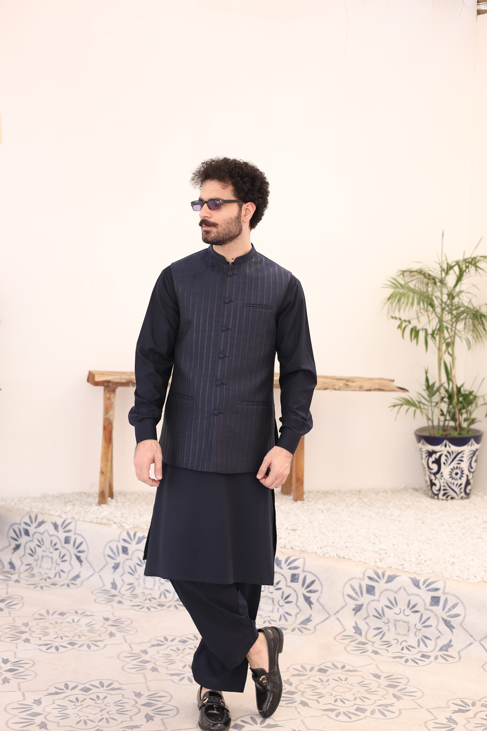 Deep Geletic Blue Atlas Waistcoat Kurta (3-Piece) - Image 1