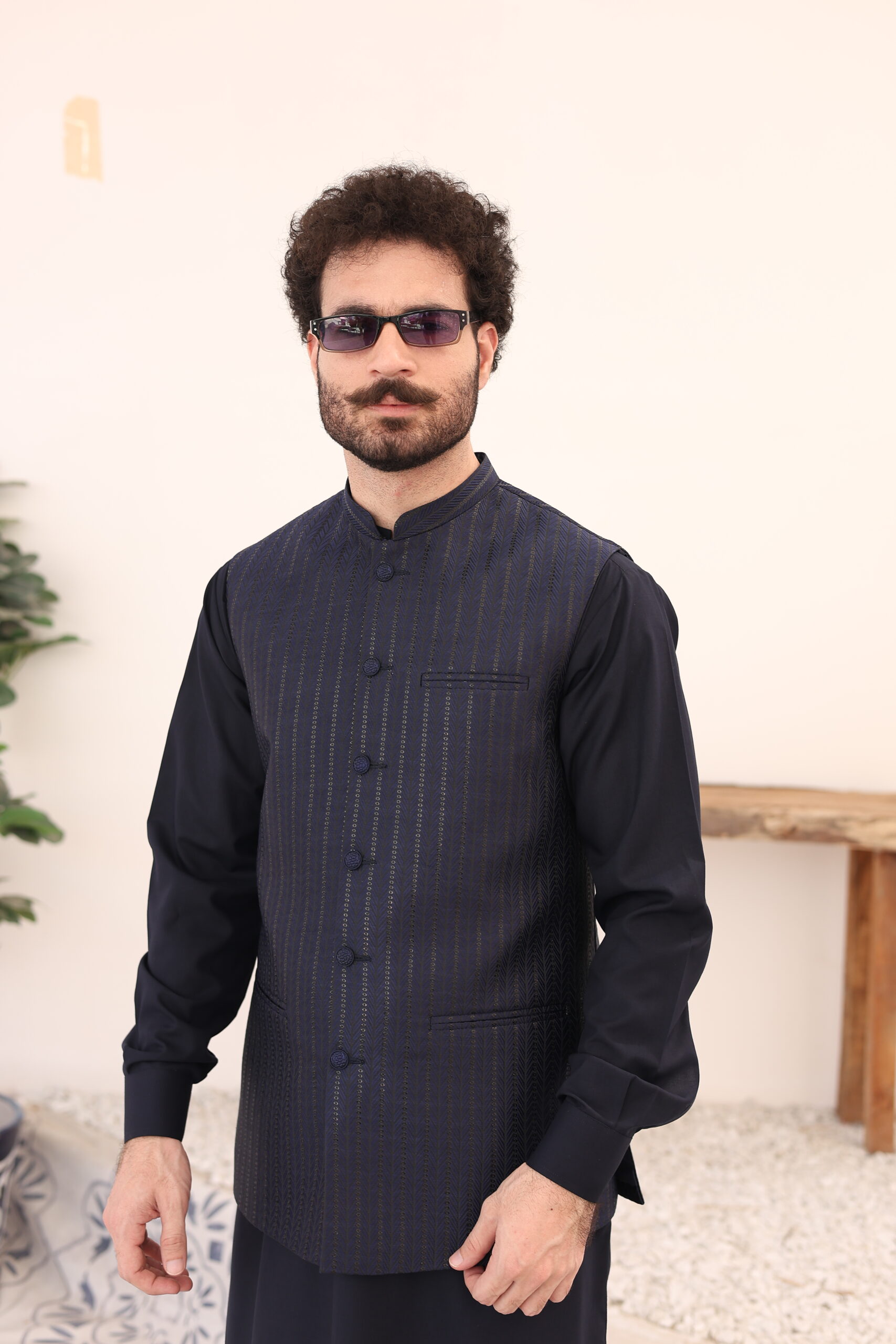 Deep Geletic Blue Atlas Waistcoat Kurta (3-Piece) - Image 2