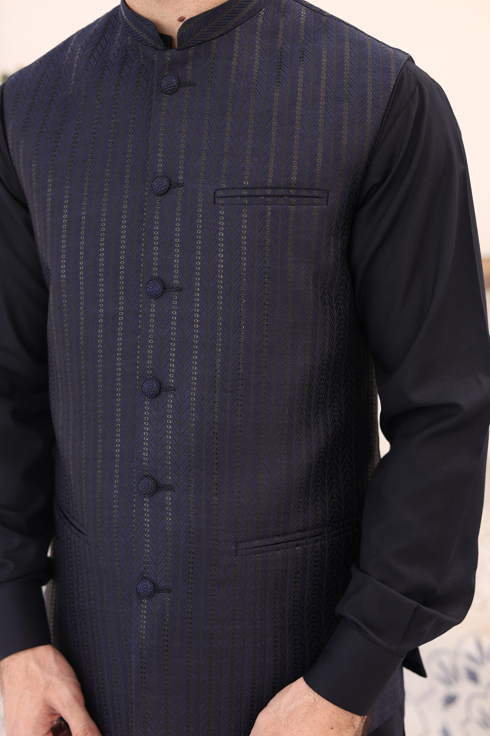 Deep Geletic Blue Atlas Waistcoat Kurta (3-Piece) - Image 3