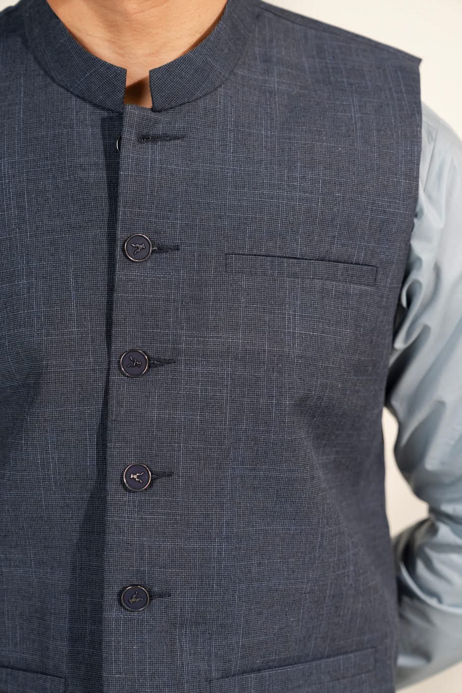 Deep Blue Blended Fabric Waistcoat Kurta (2-Piece) - Image 2