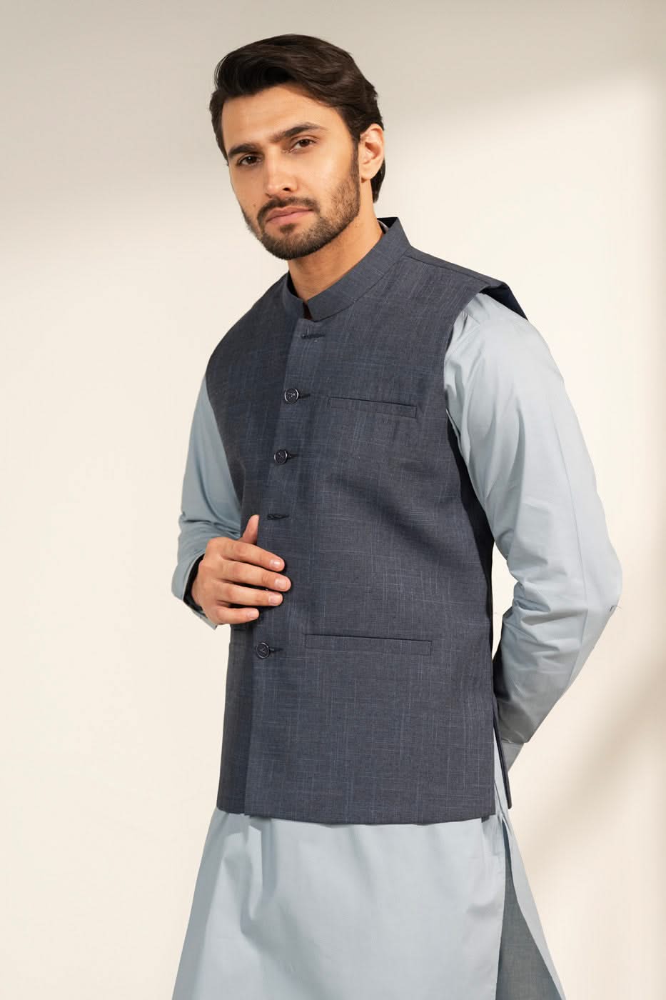 Deep Blue Blended Fabric Waistcoat Kurta (2-Piece) - Image 3