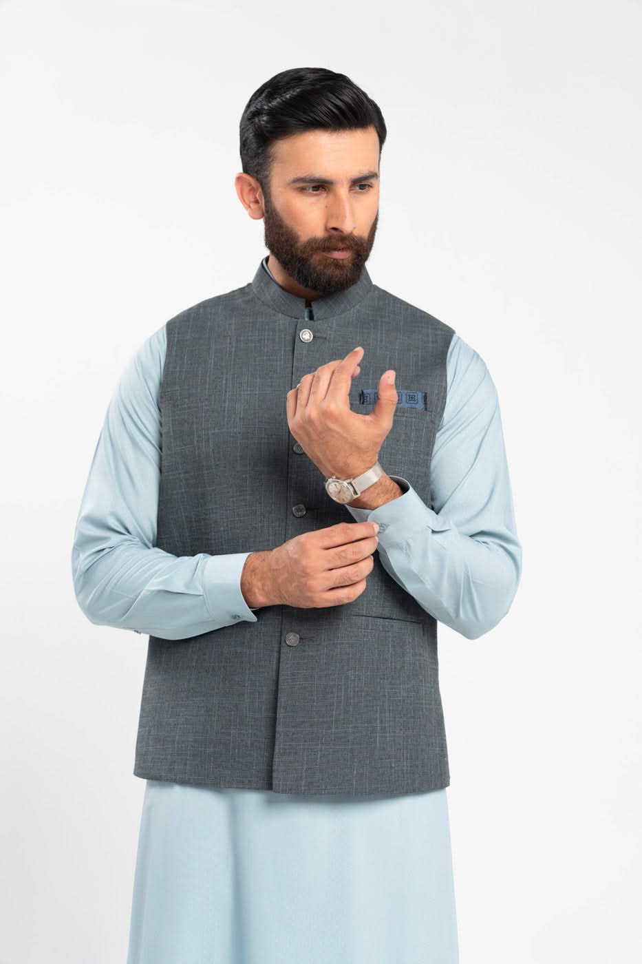 Greyish Blue Blended Fabric Waistcoat Kurta (3-Piece) - Image 2