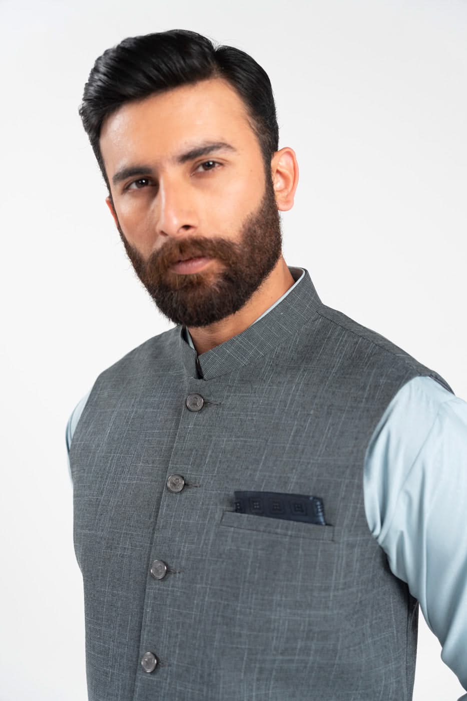 Greyish Blue Blended Fabric Waistcoat Kurta (3-Piece) - Image 3