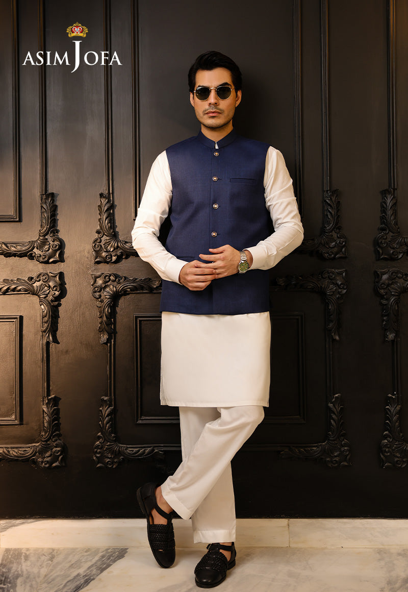 Dark Blue Blended Waistcoat Kurta Set (3-Piece) - Image 1